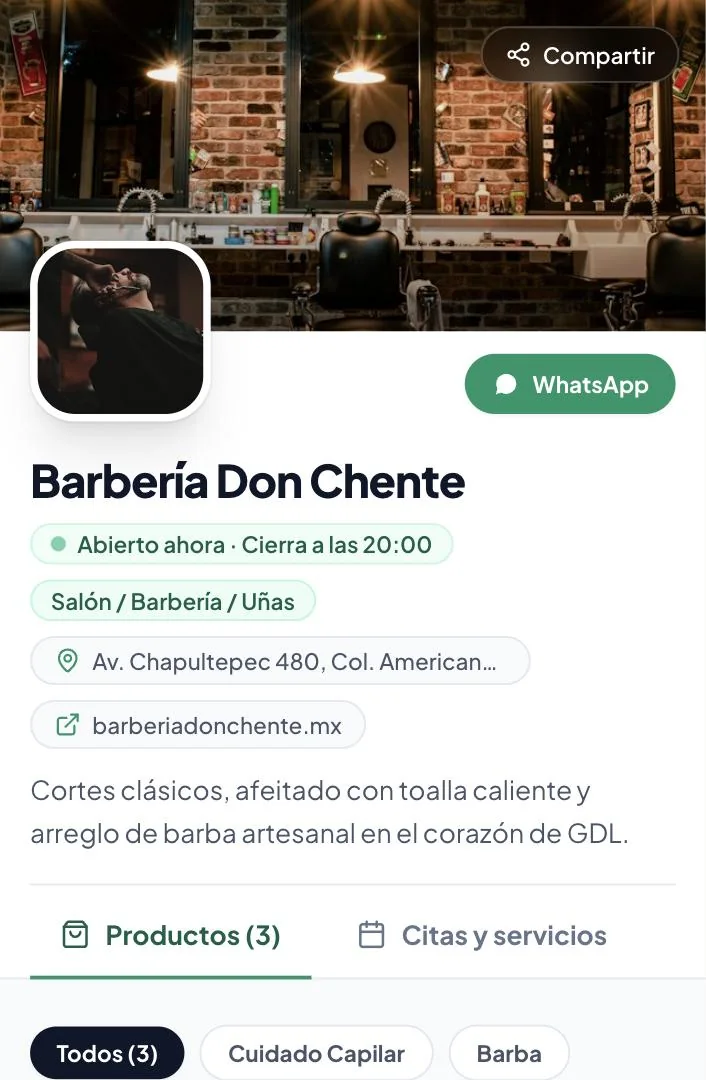 Página pública de una barbería con su horario, dirección y catálogo
